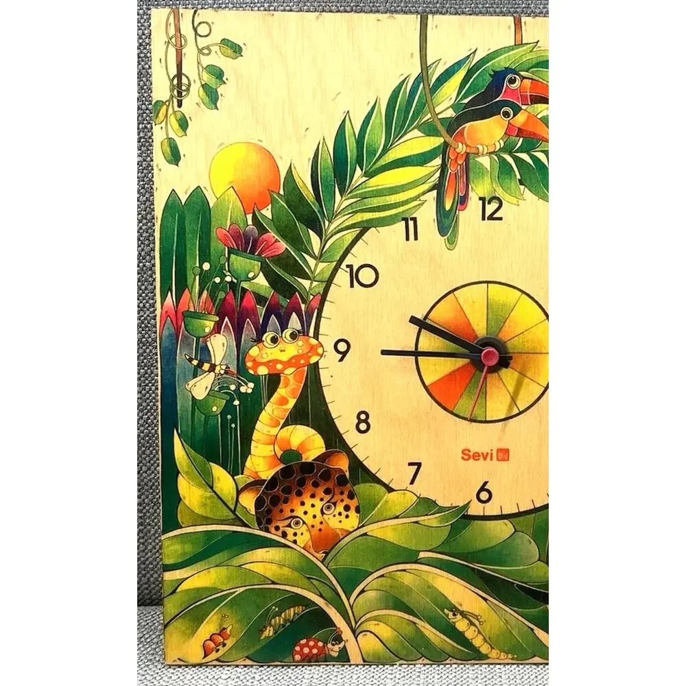 Vintage 1970s Sevi Italy Jungle Wood Wall Clock Antje Vogel Art Toucan Leopard